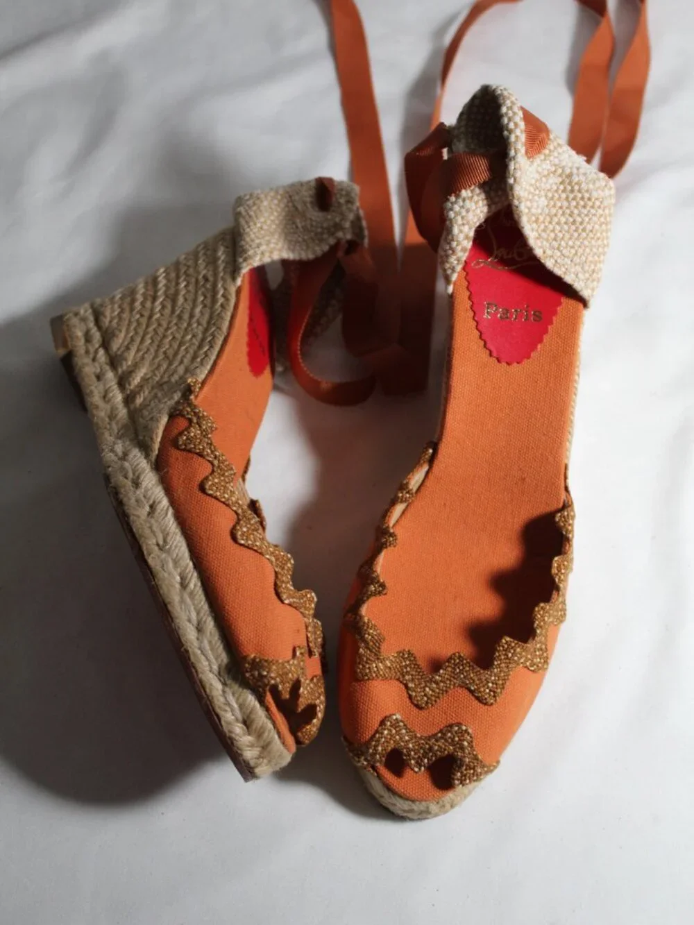 Christian Louboutin Orange Brigitte Espadrille Wedges Sandals Scalloped Trim 40